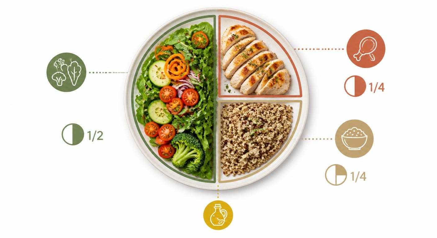 Assiette minceur du midi : moitié légumes, un quart protéines, un quart féculents complets