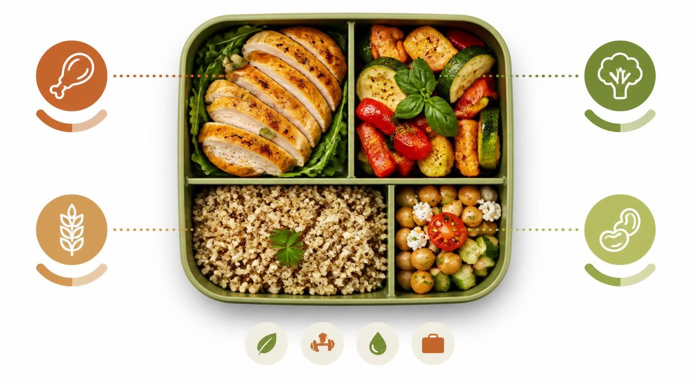 Lunch box minceur à emporter au bureau, compartimentée par famille d'aliments