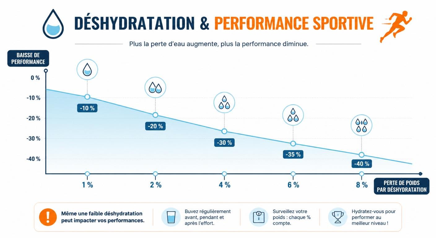 Courbe reliant le pourcentage de déshydratation à la baisse de performance sportive