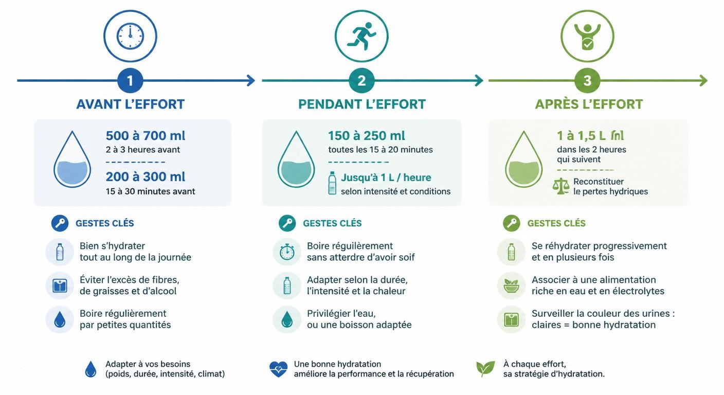 Protocole d'hydratation avant, pendant et après l'effort sportif