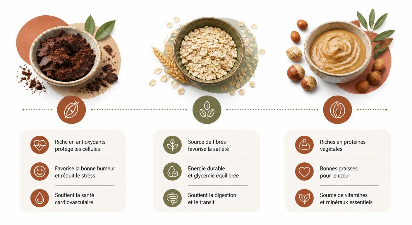 Infographie du cacao, de l'avoine et des oléagineux comme gourmandises utiles