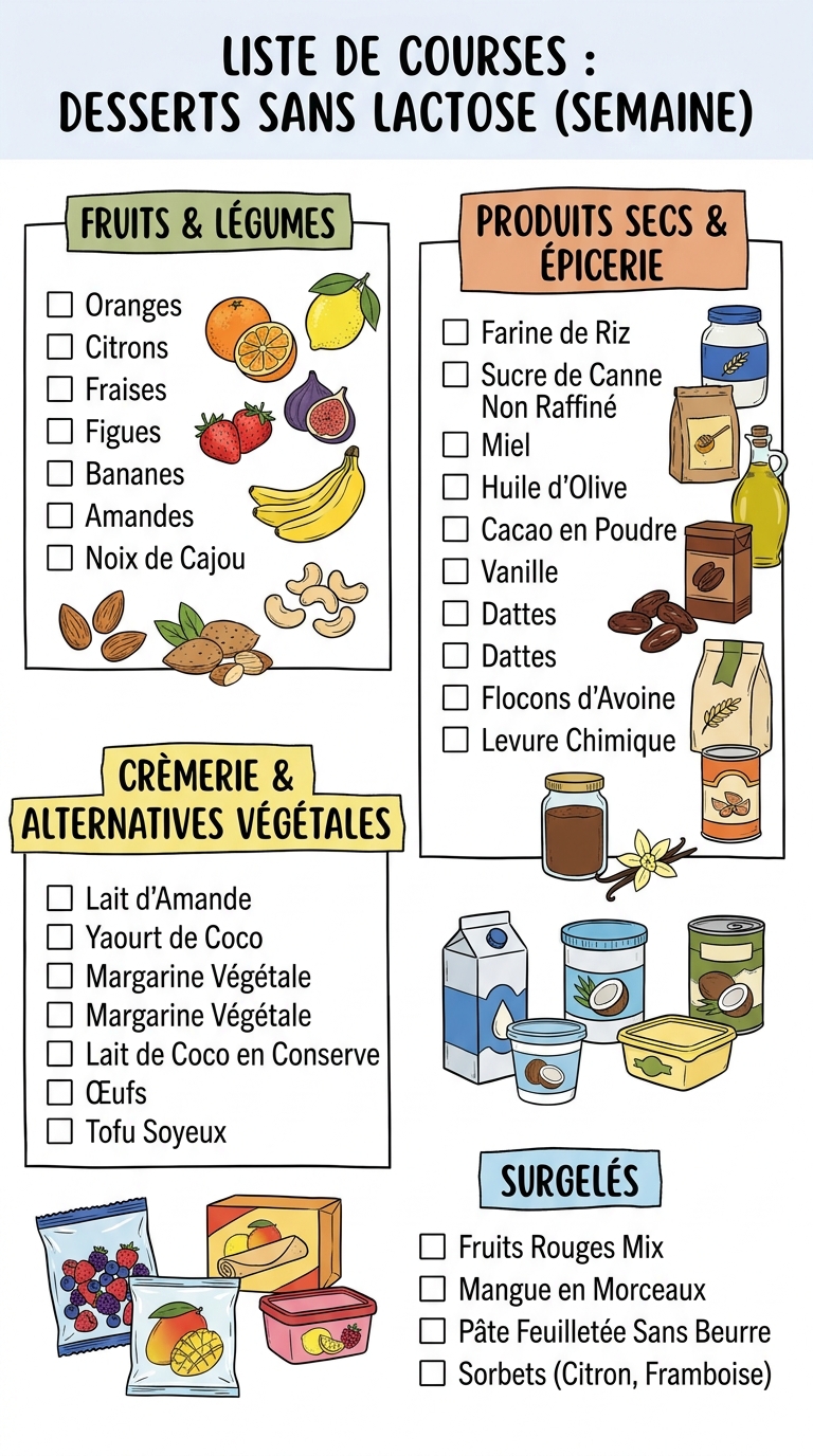 Liste de courses type pour une semaine de desserts sans lactose