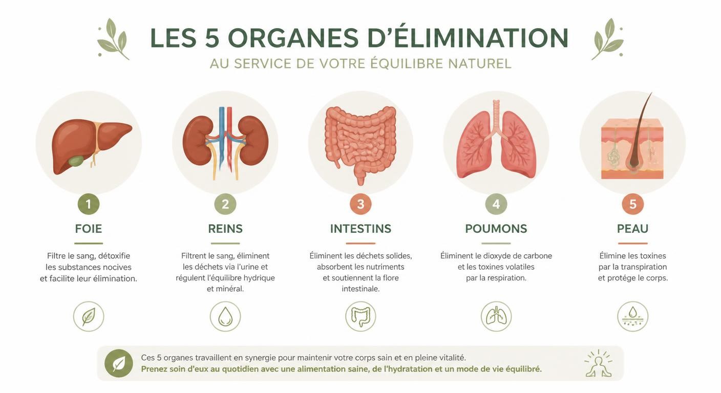 Infographie des cinq organes émonctoires impliqués dans la détoxification