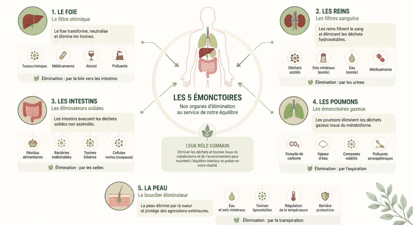 Infographie détaillant le rôle de chaque émonctoire dans la détoxification