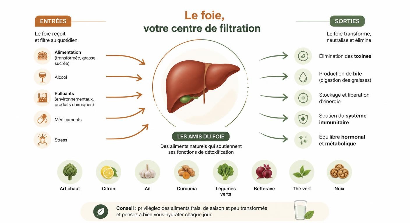 Infographie du foie comme centre de filtration et aliments qui le soutiennent