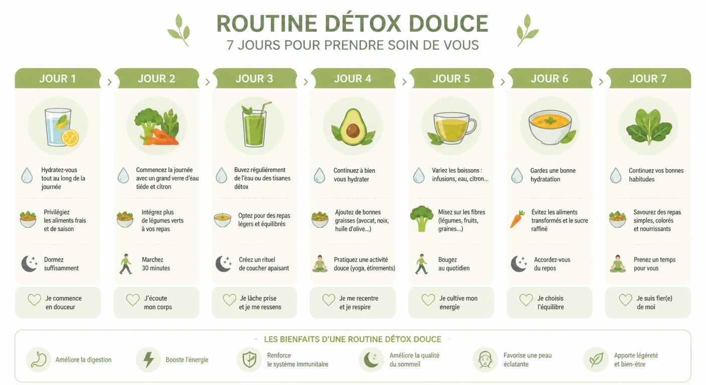 Infographie des étapes d'une détox douce sur sept jours