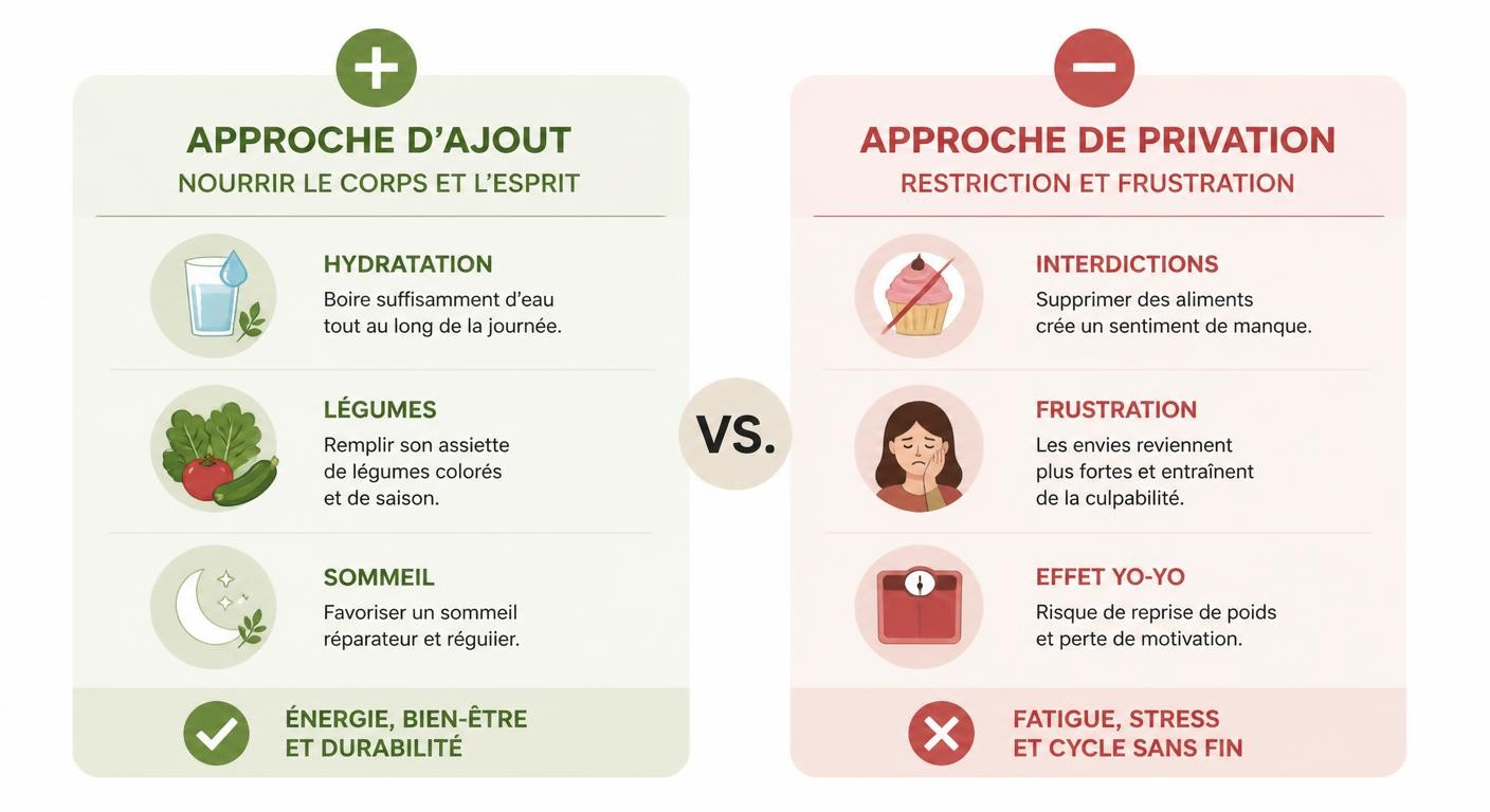Infographie comparant l'approche d'ajout et l'approche de privation dans une détox