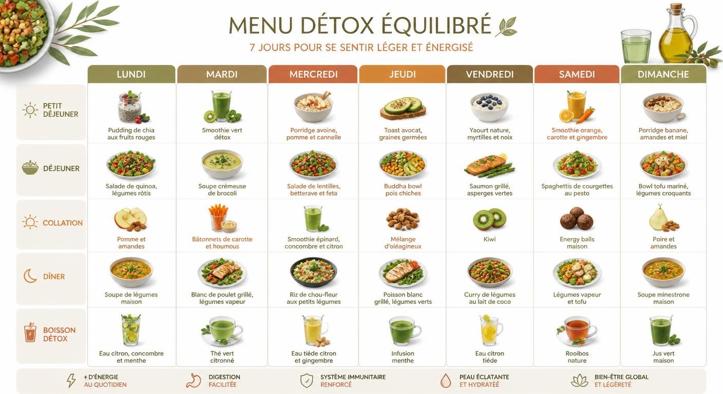 Infographie d'un menu détox équilibré sur sept jours