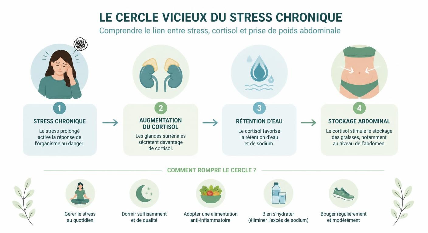 Infographie du lien entre cortisol, stress et rétention d'eau