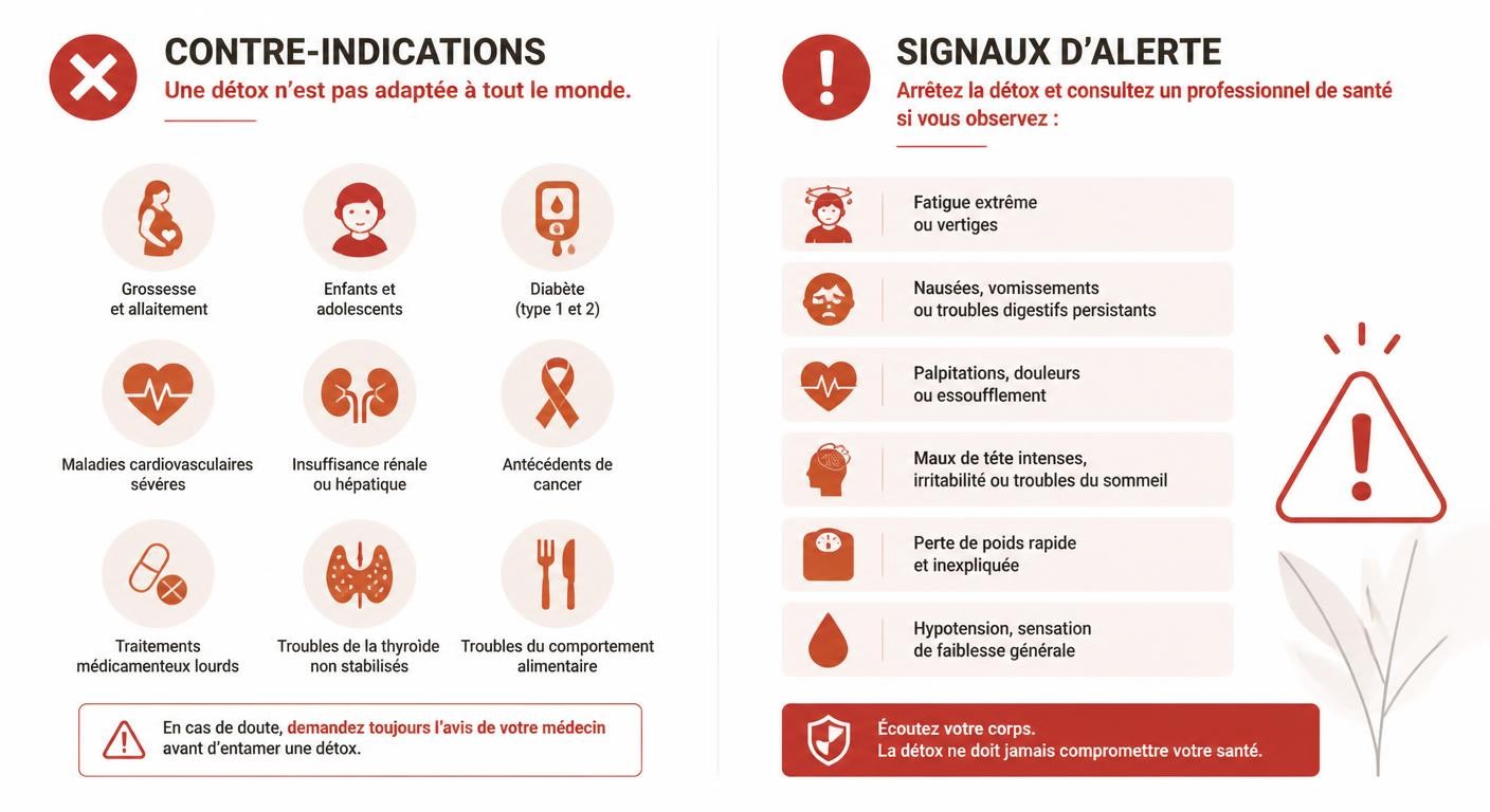 Infographie des contre-indications et signaux d'alerte d'une détox