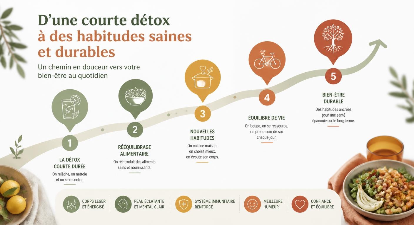 Infographie de la transition d'une cure détox vers des habitudes durables