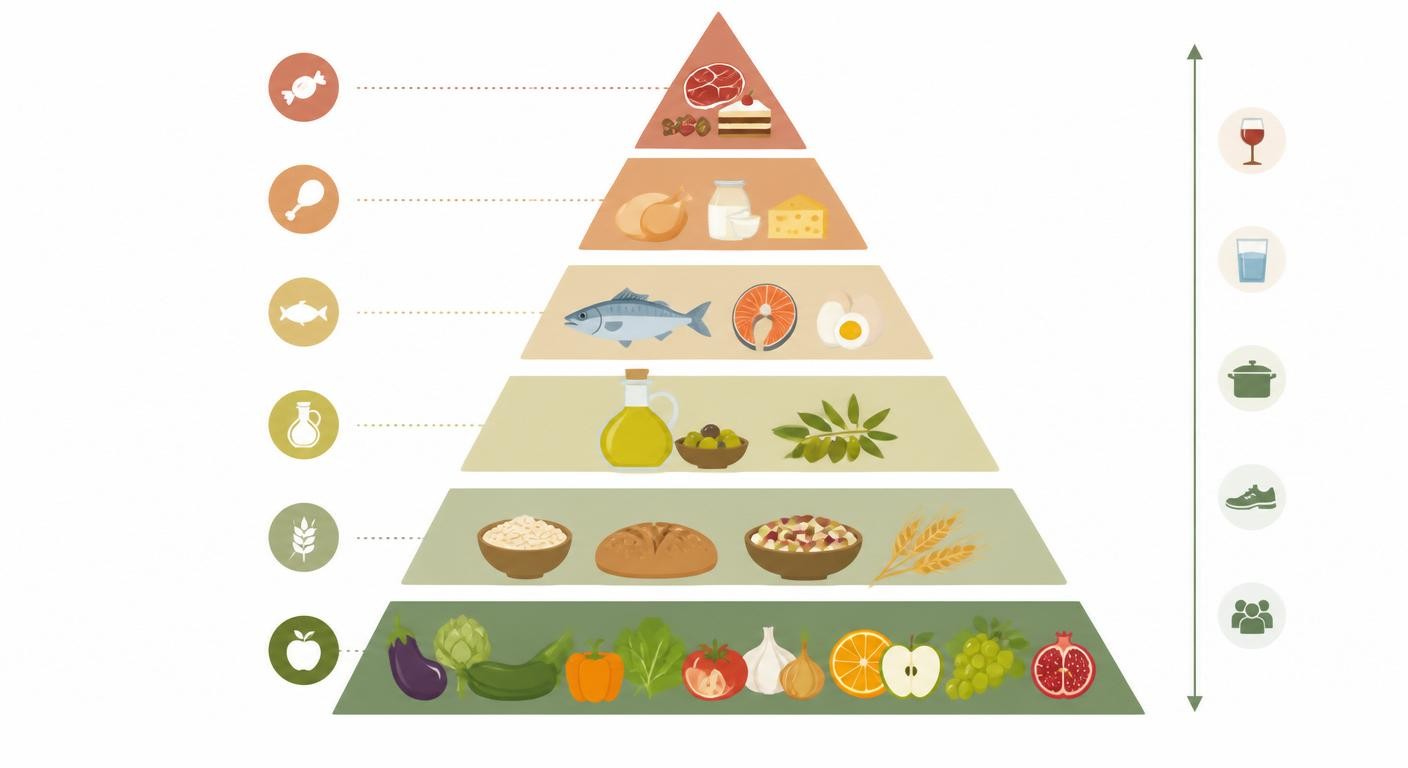 Pyramide alimentaire détaillée de la diète méditerranéenne par étage