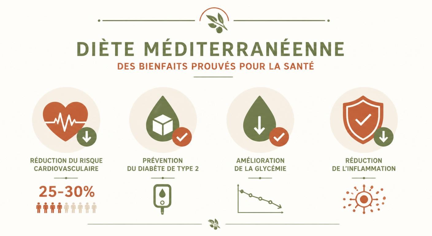Infographie des bénéfices santé prouvés de la diète méditerranéenne avec chiffres clés