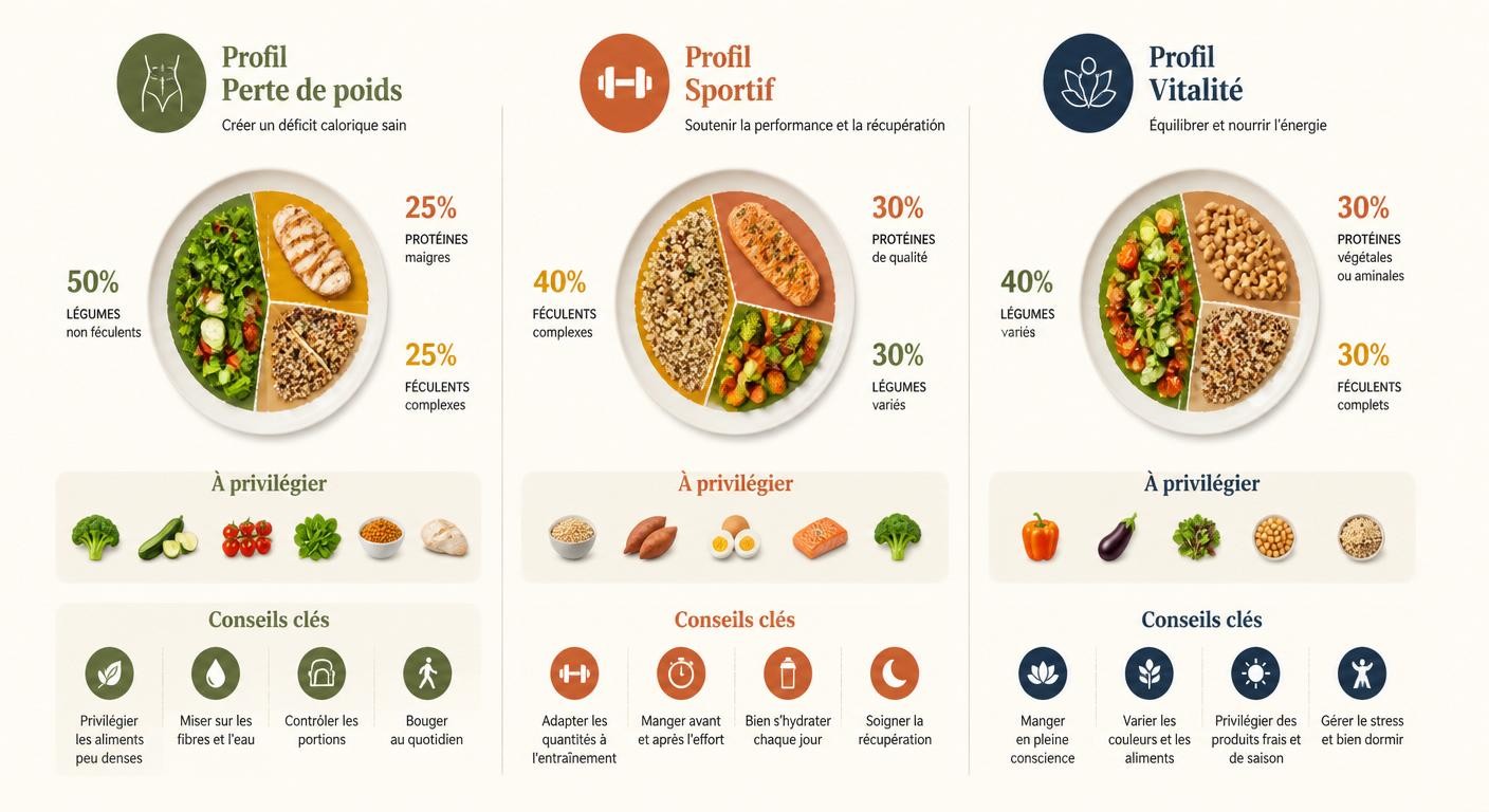 Infographie comparative des 3 adaptations de la diète méditerranéenne par profil