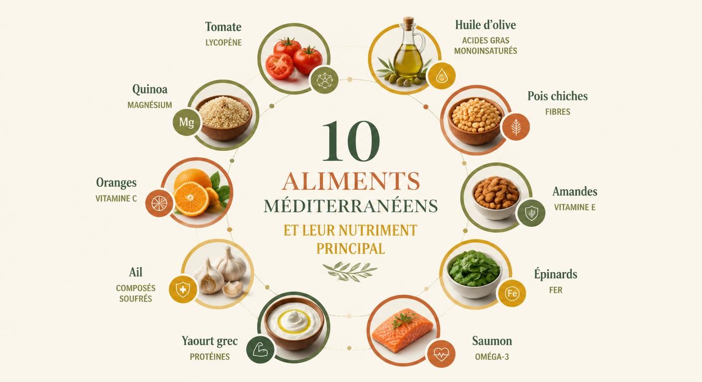 Infographie des 10 super-aliments méditerranéens et leurs nutriments clés