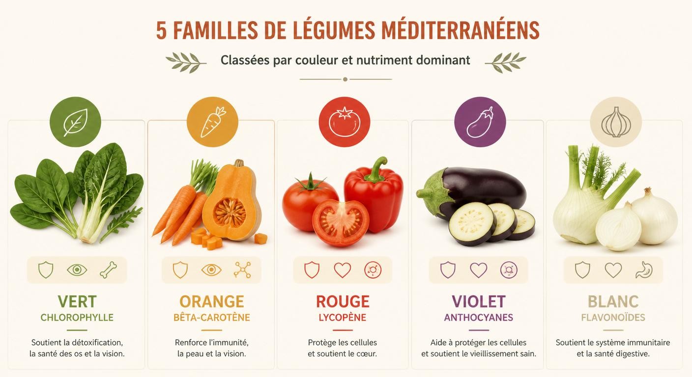 Infographie palette colorée des légumes méditerranéens classés par couleur et nutriments