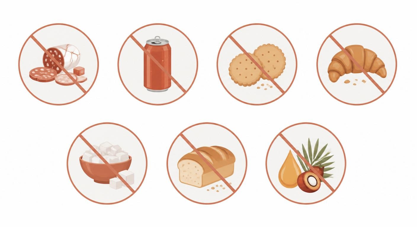 Infographie des 7 catégories d'aliments à limiter en diète méditerranéenne