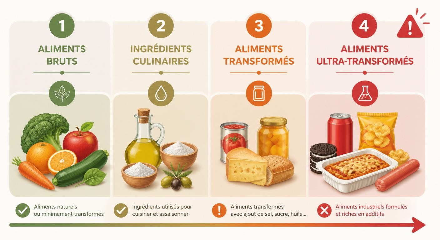 Infographie classification NOVA des aliments du brut au ultra-transformé avec exemples méditerranéens