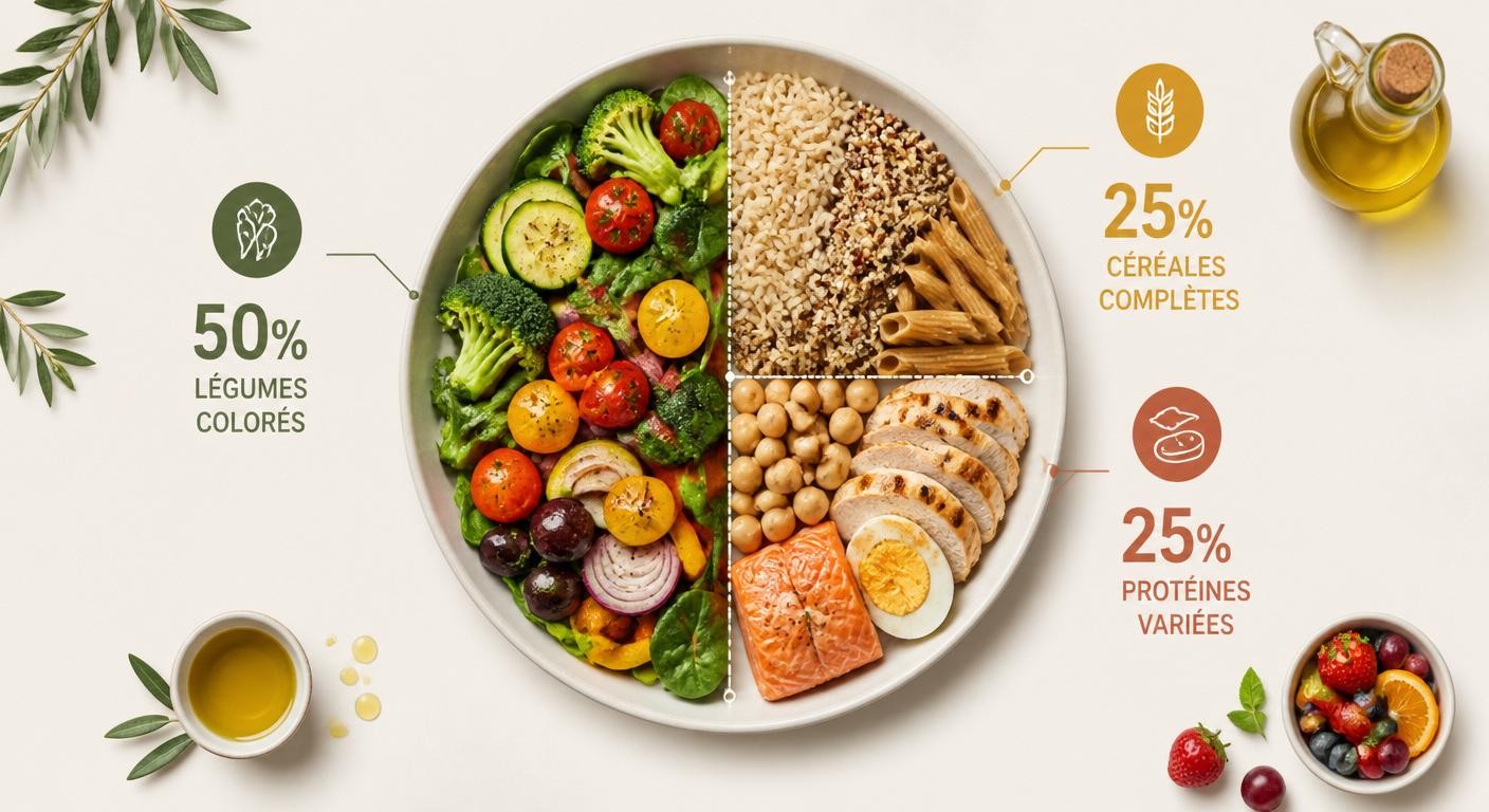 Infographie de l'assiette méditerranéenne équilibrée avec proportions visuelles