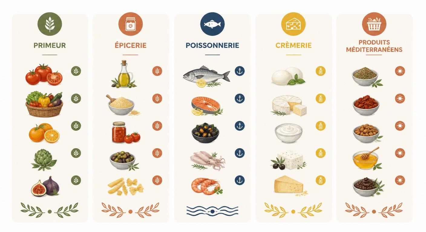 Infographie d'une liste de courses méditerranéenne organisée par rayon
