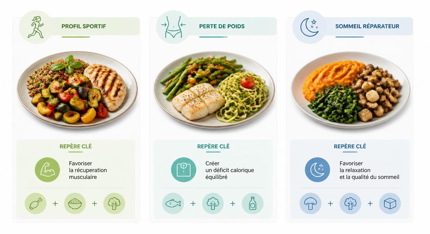 Infographie montrant comment adapter son dîner léger selon son profil sportif, minceur ou sommeil