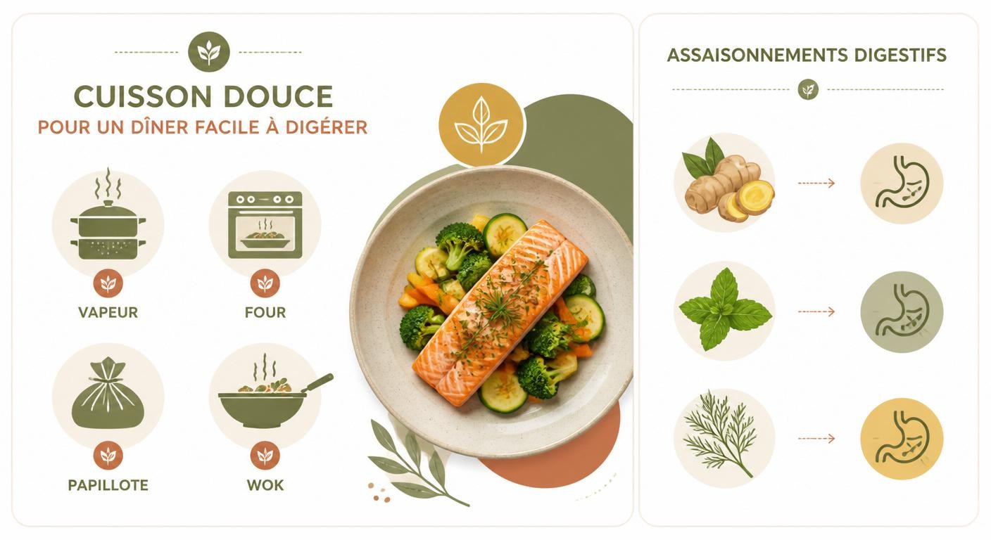 Infographie des cuissons douces et assaisonnements digestifs pour un dîner facile à digérer