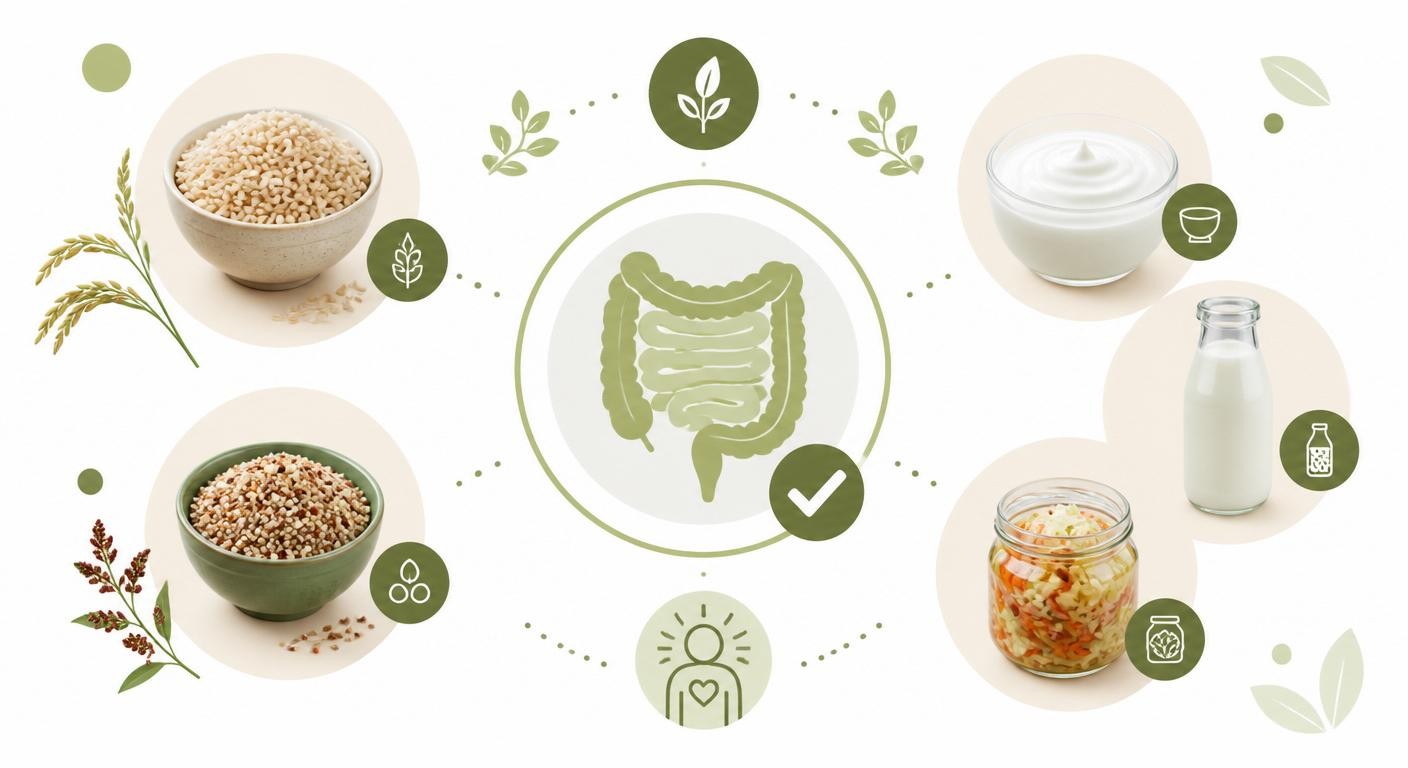 Infographie des féculents complets, yaourts et aliments fermentés pour le confort intestinal le soir