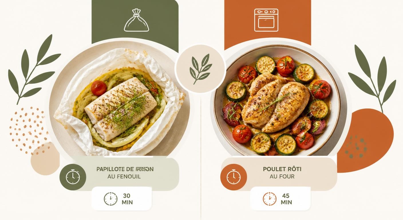 Infographie de deux dîners légers et réconfortants au four ou en papillote