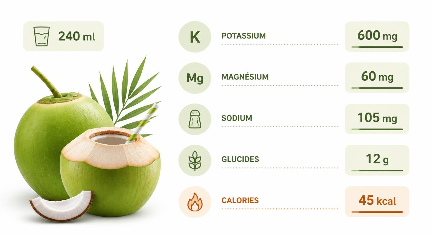 Infographie de la composition nutritionnelle de l'eau de coco pour 240 ml