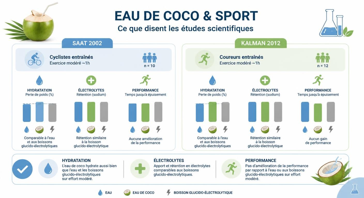 Infographie résumant les études scientifiques sur l'eau de coco et l'hydratation à l'effort