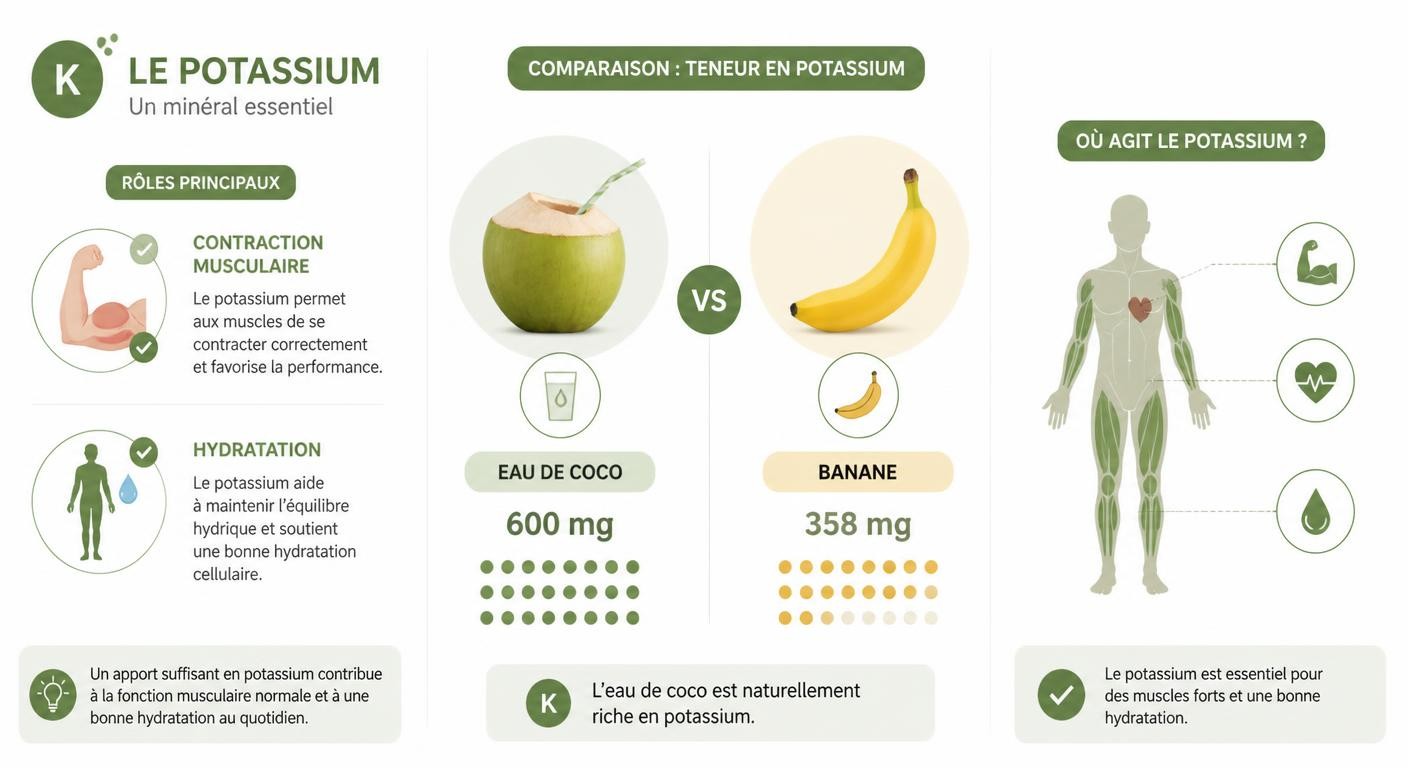 Infographie sur le rôle du potassium de l'eau de coco pour les muscles