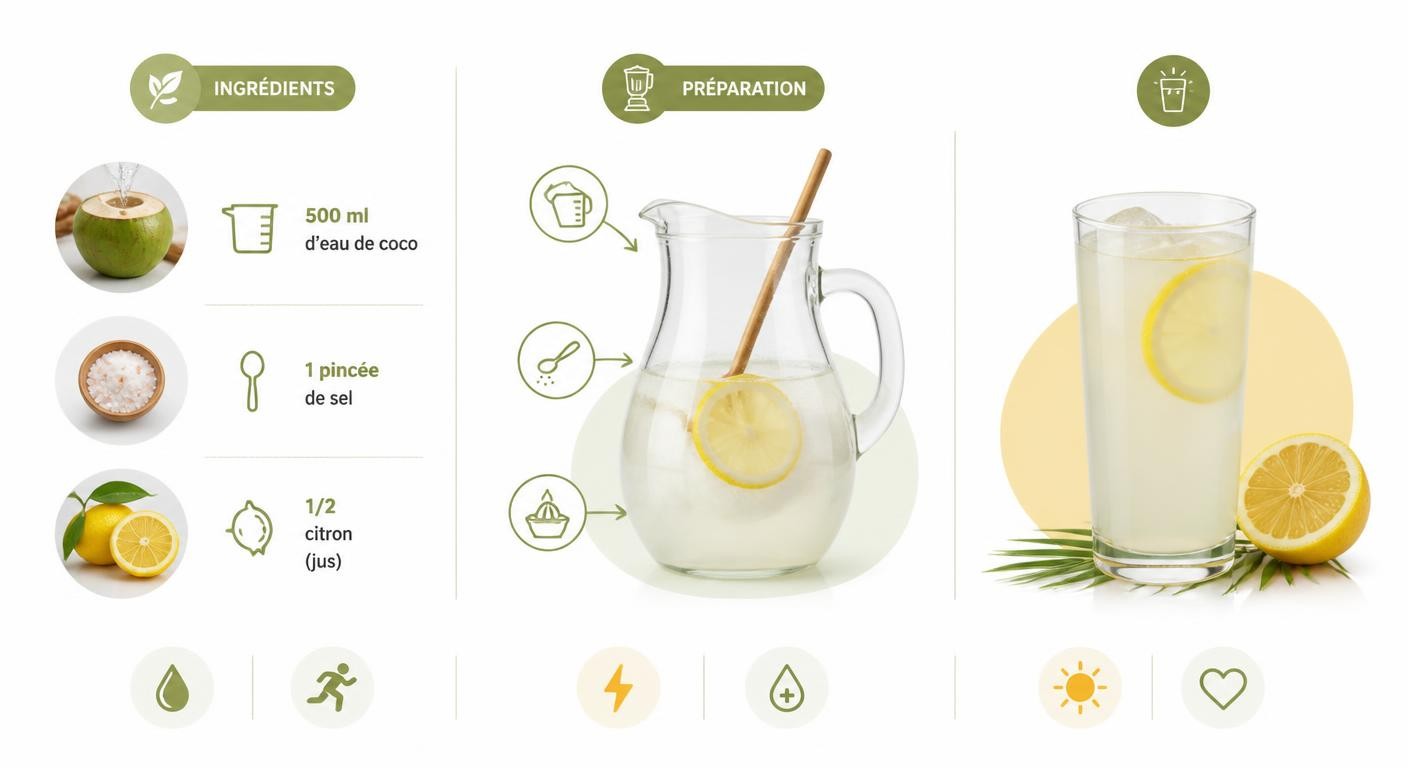 Infographie de la recette de boisson isotonique maison à l'eau de coco