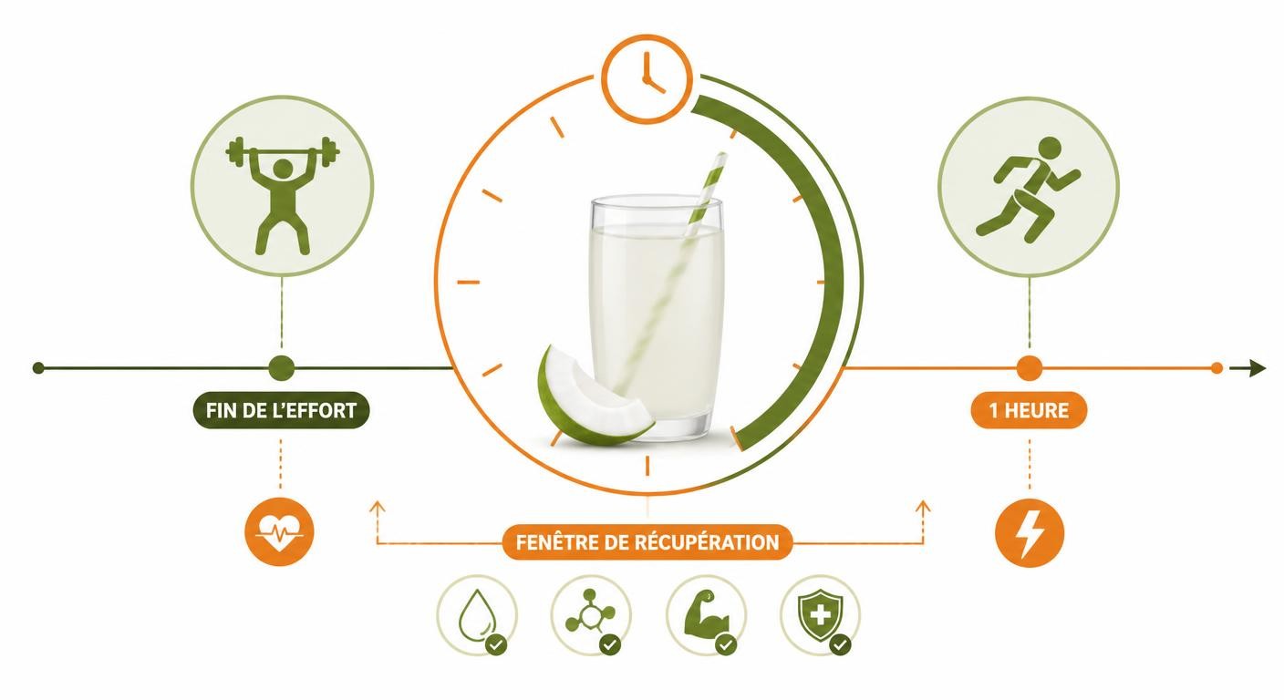 Infographie sur la fenêtre de récupération idéale pour boire l'eau de coco après l'effort