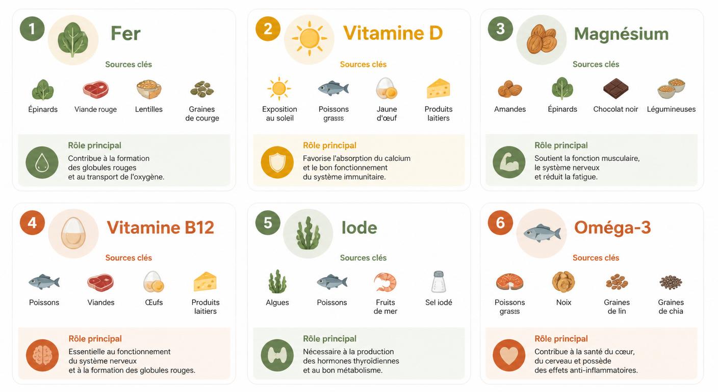 Infographie des 6 micronutriments essentiels fer vitamine D magnésium B12 iode oméga-3 et leurs sources alimentaires