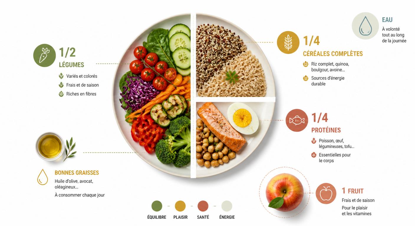 Schéma de l'assiette équilibrée avec répartition légumes, féculents, protéines et lipides