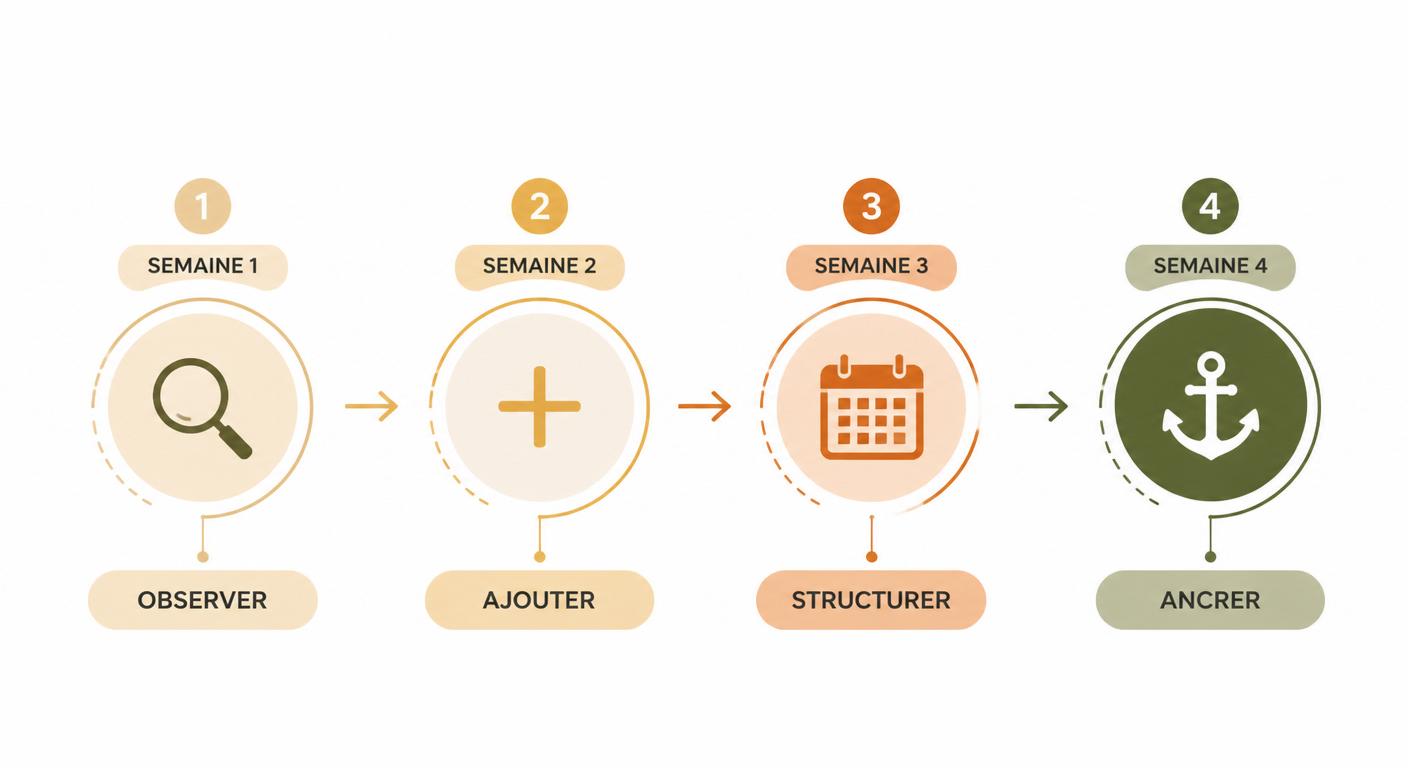 Infographie du plan de rééquilibrage alimentaire progressif sur 4 semaines en 4 étapes observer ajouter structurer ancrer