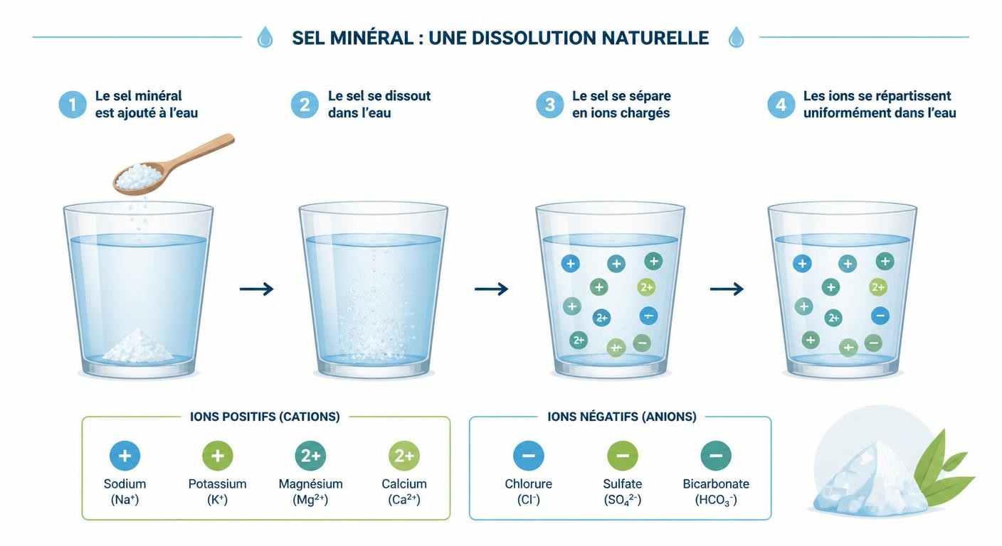 Schéma expliquant comment les minéraux se transforment en ions dans l'eau