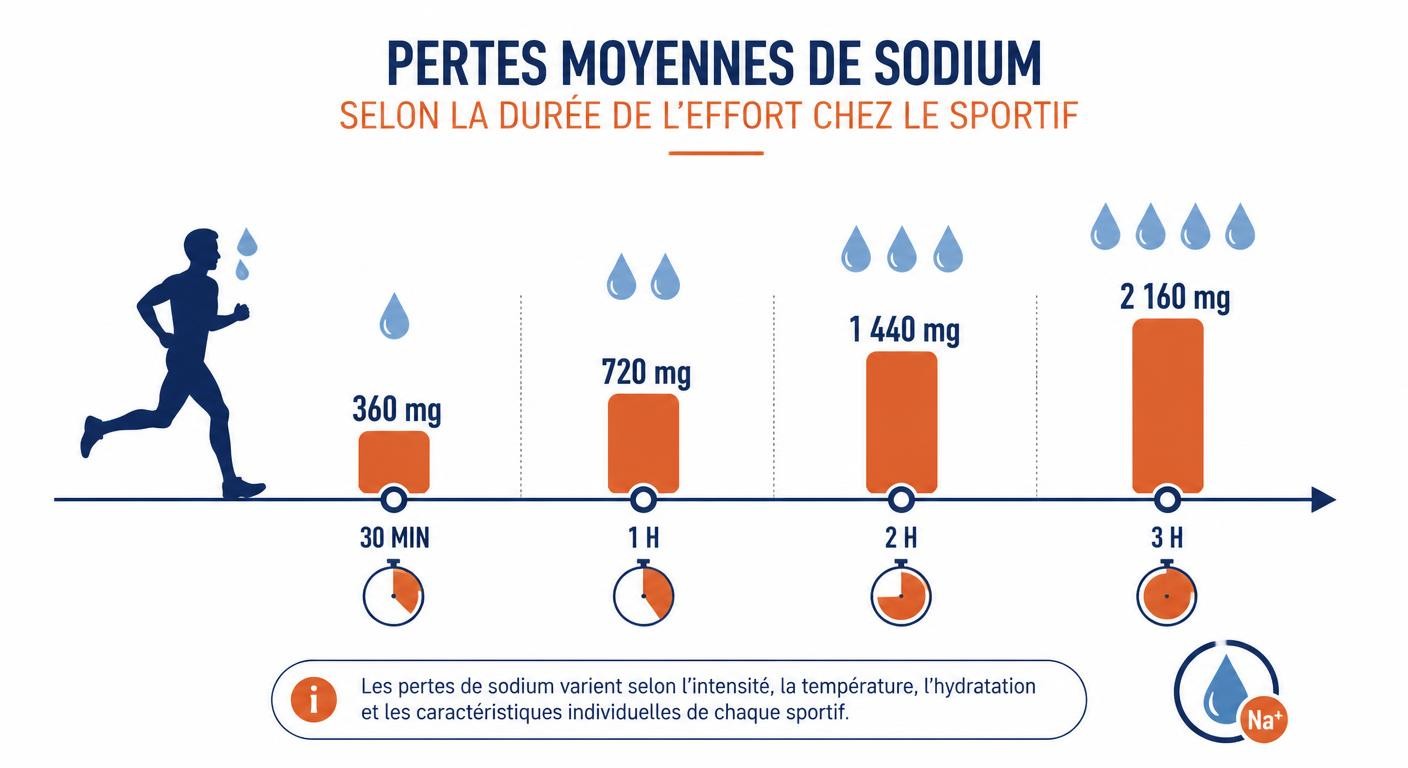 Pertes en sodium selon la durée de l'effort sportif