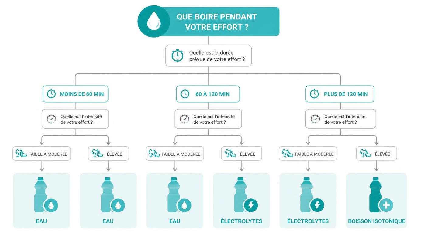 Arbre de décision entre eau, électrolytes et boisson isotonique selon l'effort