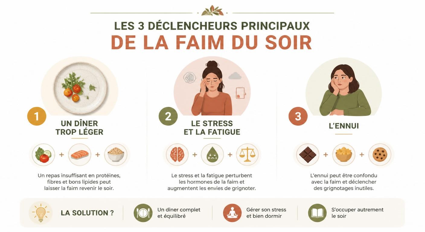 Infographie des trois causes principales de la faim le soir