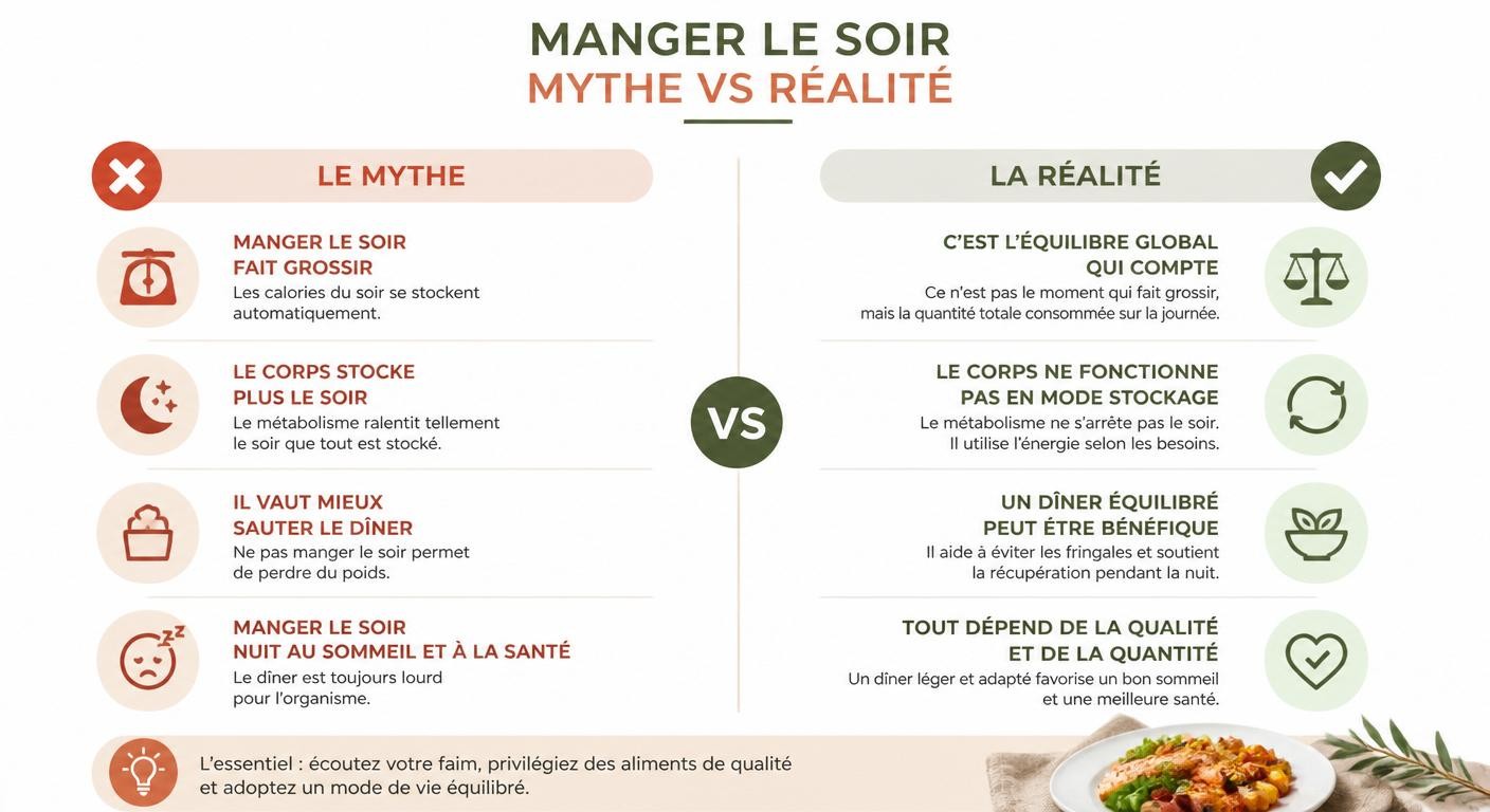 Infographie mythe contre réalité sur le fait de manger le soir et grossir