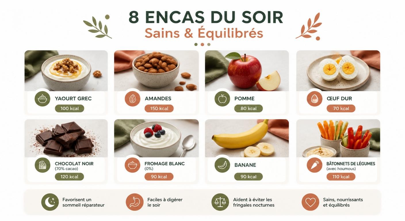 Infographie des huit meilleurs encas du soir pour ne pas grossir