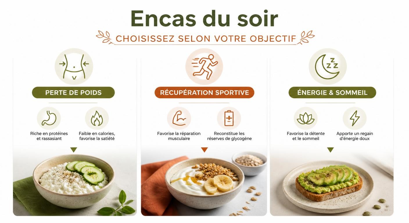 Infographie des encas du soir idéaux selon l'objectif : minceur, sport, énergie