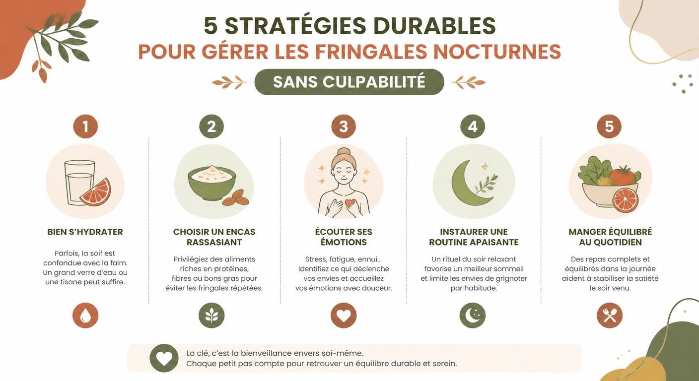Infographie des cinq stratégies pour gérer les fringales nocturnes sans culpabiliser