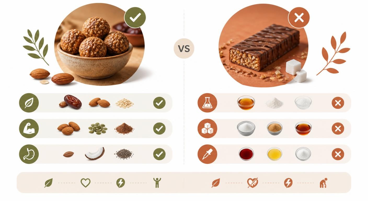 Infographie comparant les energy balls maison et les barres industrielles