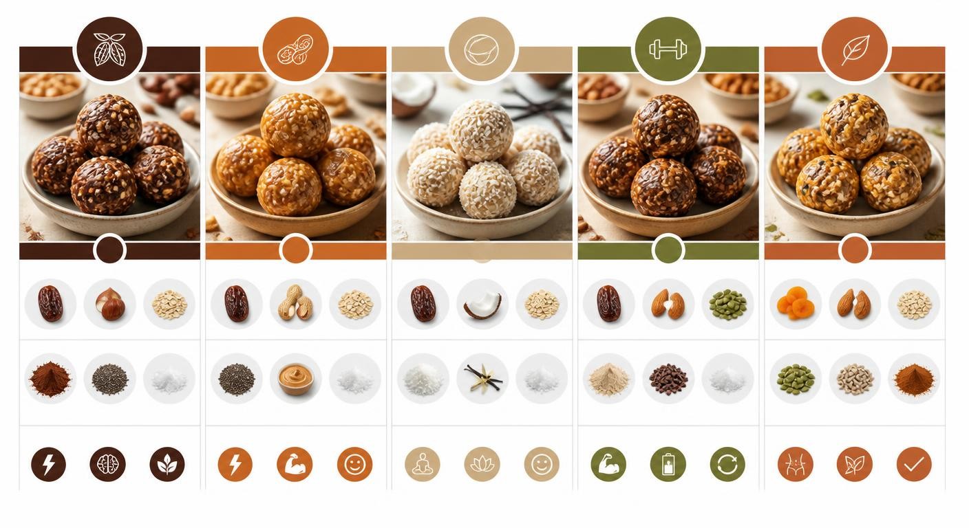 Infographie de cinq recettes d'energy balls maison