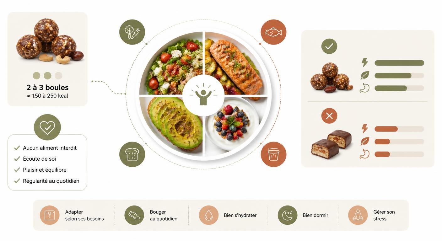 Infographie de l'intégration des energy balls dans un objectif de perte de poids