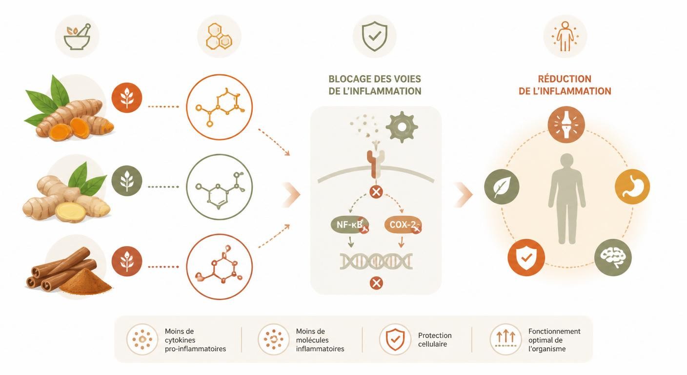 Schéma expliquant comment les épices anti-inflammatoires agissent dans l'organisme