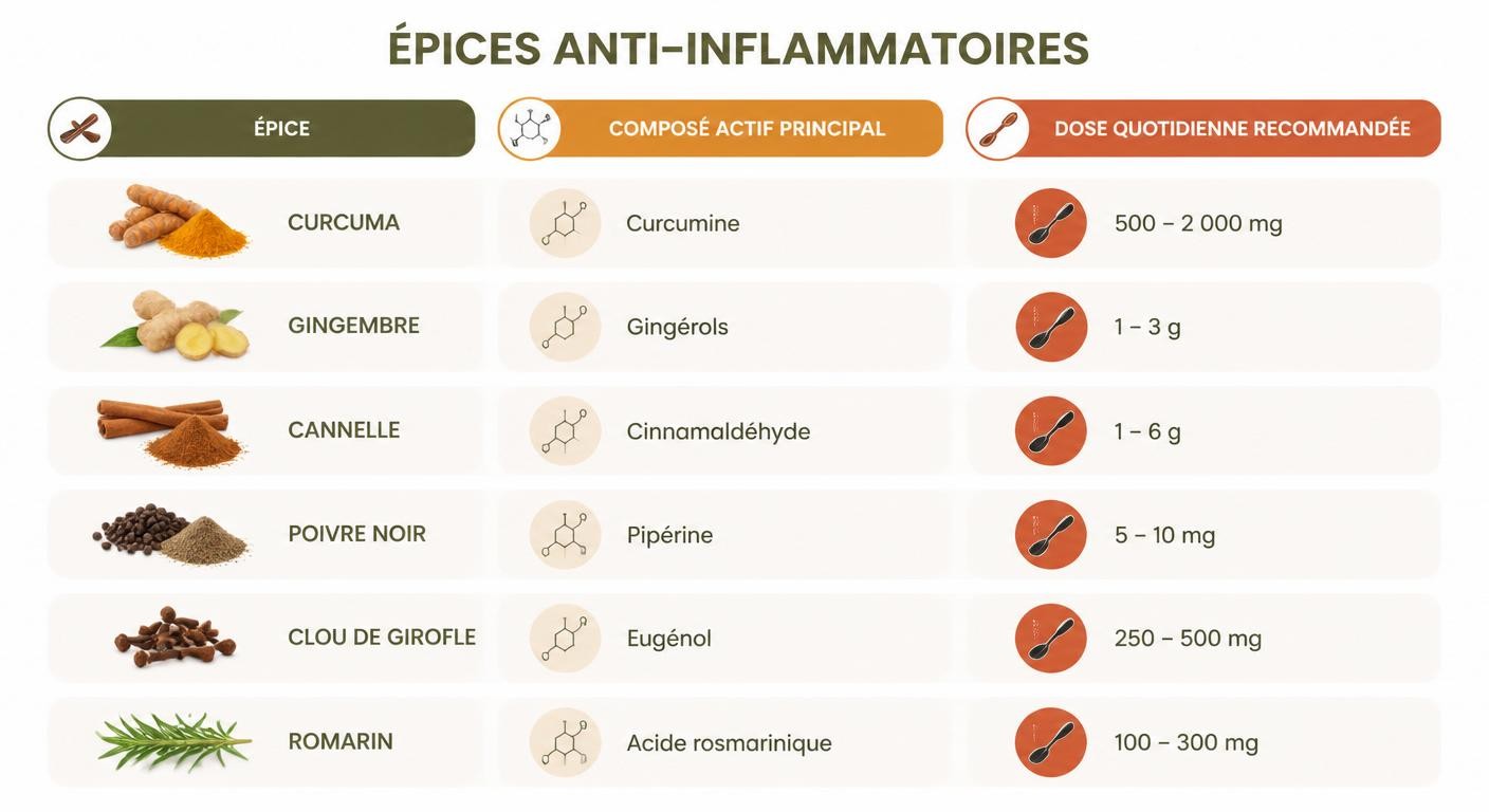 Comparatif des épices anti-inflammatoires avec composé actif et dose