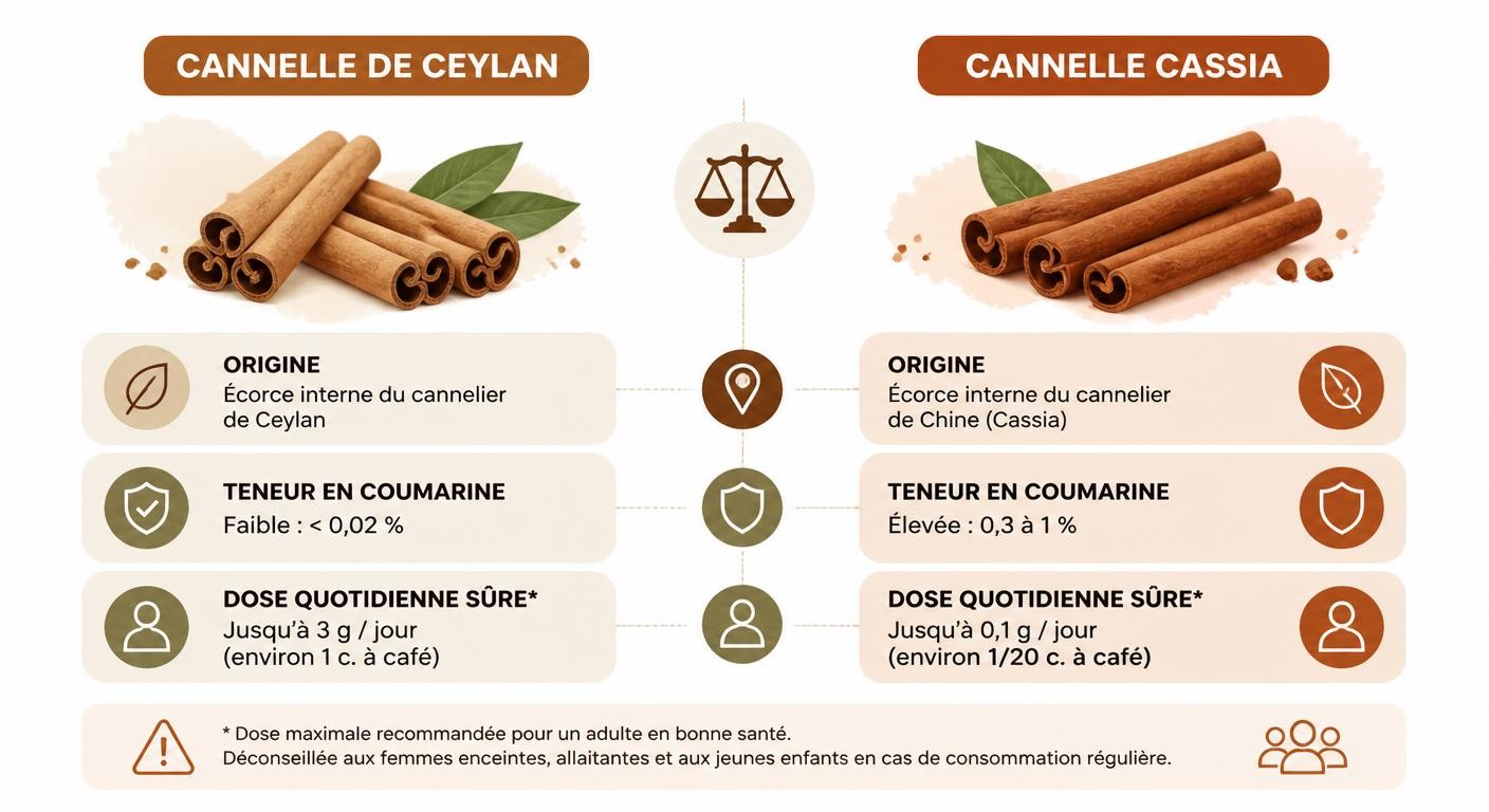 Cannelle de Ceylan vs cassia : teneur en coumarine et dose sûre